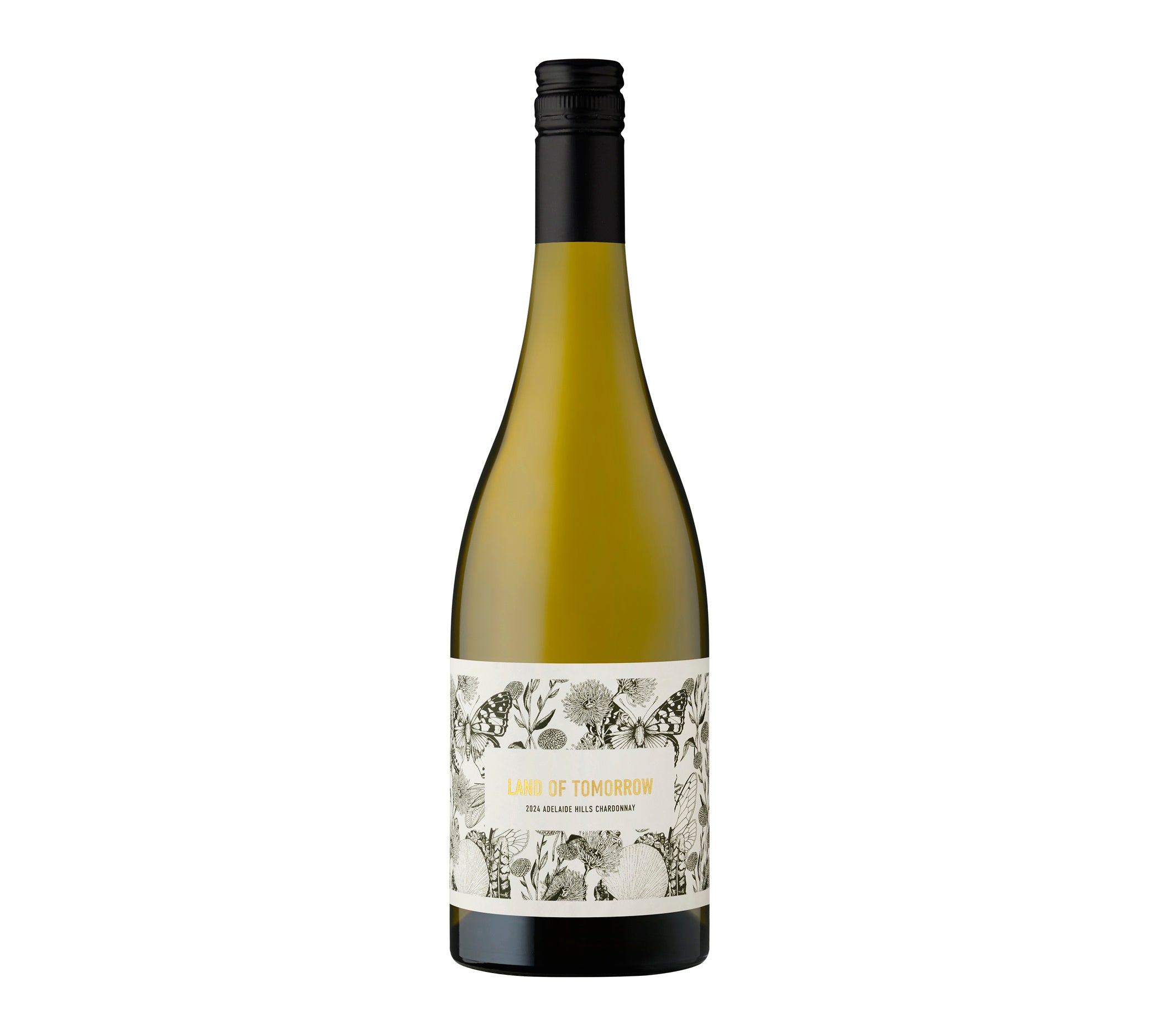 A bottle of 2024 Adelaide Hills Chardonnay from the Land of Tomorrow wine series, with a white label featuring floral graphics.